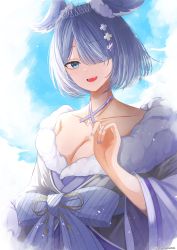 Rule 34 | 1girl, absurdres, blue eyes, blue hair, blush, bow, breasts, cleavage, collarbone, dragon girl, elira pendora, elira pendora (2nd costume), fangs, fur trim, hair ornament, hair over one eye, head wings, highres, japanese clothes, jewelry, key, kimono, large breasts, long sleeves, looking at viewer, nail polish, necklace, nijisanji, nijisanji en, one eye covered, open mouth, parkiranhonda, purple nails, sash, short hair, smile, solo, virtual youtuber, wide sleeves, wings