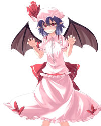 Rule 34 | 1girl, bat wings, blue hair, blush, hat, hat ribbon, highres, ibuki notsu, looking at viewer, mob cap, pink eyes, pointy ears, puffy short sleeves, puffy sleeves, red eyes, remilia scarlet, ribbon, sash, short sleeves, simple background, solo, tears, touhou, wavy mouth, white background, wings
