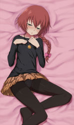 Rule 34 | 1girl, blouse, blush, bow, braid, crotch seam, darker than black, from above, green eyes, hair bow, hand on another&#039;s chest, hands on own chest, jewelry, kanna asuke, long hair, lying, necklace, no shoes, on back, panties, panties under pantyhose, pantyhose, pantyshot, red hair, shirt, single braid, skirt, solo, suou pavlichenko, thighband pantyhose, underwear, upskirt