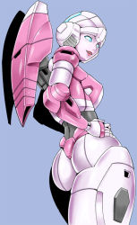 Rule 34 | 1980s (style), 1girl, arcee, ass, autobot, back, blue eyes, breasts, butt crack, from behind, glowing, hands on own hips, kamizono (spookyhouse), large breasts, lips, looking at viewer, looking back, machine, machinery, mecha, oldschool, open mouth, redesign, retro artstyle, robot, science fiction, smile, solo, transformers