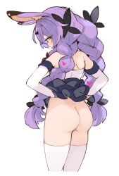 Rule 34 | 1girl, animal ears, ass, bare shoulders, braid, clothes lift, commentary request, copyright request, cowboy shot, detached sleeves, dimples of venus, from behind, hair ornament, highres, lifting own clothes, long hair, looking at viewer, looking back, mota, purple hair, rabbit ears, simple background, sketch, skirt, skirt lift, solo, thighhighs, twin braids, very long hair, virtual youtuber, white background, white thighhighs, yellow eyes