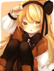 Rule 34 | 1girl, blonde hair, braid, brown capelet, brown hairband, brown pantyhose, brown ribbon, brown skirt, capelet, commentary request, crown braid, green eyes, hair ribbon, hairband, highres, lobotomy corporation, long hair, long sleeves, neck ribbon, nono (karasuo0547), open mouth, pantyhose, project moon, ribbon, shirt, sitting, skirt, solo, tiphereth a (project moon), white shirt