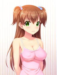Rule 34 | 1girl, arms behind back, bare arms, bare shoulders, blush, breasts, brown hair, camisole, cleavage, closed mouth, collarbone, commentary request, covered erect nipples, green eyes, hair between eyes, hair bobbles, hair ornament, highres, long hair, looking at viewer, medium breasts, original, sleeveless, solo, spaghetti strap, striped, striped background, totokichi, two side up, upper body, vertical stripes