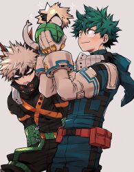 Rule 34 | 2boys, alternate eye color, aqua bodysuit, aqua gloves, baggy pants, bakugou katsuki, belt, belt pouch, black mask, black pants, blonde hair, blush, blush stickers, boku no hero academia, bright pupils, buckle, chiyaya, covered abs, curly hair, dynamy (boku no hero academia), explosive, eye contact, eye mask, freckles, gloves, green eyes, green hair, grenade, hair between eyes, hands up, happy, headgear, high collar, highres, leaning forward, looking at another, male focus, midoriya izuku, multiple boys, open mouth, orange eyes, pac-man eyes, pants, pouch, red belt, sanpaku, short hair, simple background, single horizontal stripe, slouching, smile, snap-fit buckle, sparkle, spiked hair, teeth, toned, toned male, upper teeth only, utility belt, white gloves, white pupils, wrist guards, x