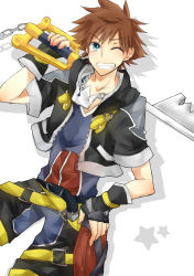 Rule 34 | 1boy, ;d, bad id, bad pixiv id, blue eyes, brown hair, chain, chain necklace, fingerless gloves, gloves, highres, jewelry, keyblade, keyu1923, kingdom hearts, male focus, necklace, one eye closed, open mouth, simple background, smile, solo, sora (kingdom hearts), spiked hair, white background, wink