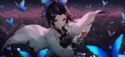 Rule 34 | 1girl, animal, black hair, black jacket, blue eyes, blurry, blurry foreground, breasts, bug, butterfly, butterfly hair ornament, cloak, commentary request, depth of field, fighting stance, forehead, h2o (dfo), hair ornament, highres, insect, jacket, katana, kimetsu no yaiba, kochou shinobu, long sleeves, looking at viewer, night, night sky, open cloak, open clothes, outdoors, parted bangs, parted lips, ponytail, ready to draw, sky, small breasts, solo, sword, torn clothes, torn jacket, v-shaped eyebrows, weapon, wide sleeves