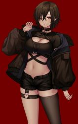 Rule 34 | 1girl, arm at side, bad id, bad twitter id, black nails, black shorts, breasts, brown hair, chest harness, cleavage, cleavage cutout, closed mouth, clothing cutout, collar, crop top, hand up, harness, heart o-ring, highres, jacket, kushinaka, large breasts, long sleeves, looking at viewer, nail polish, navel, o-ring, open clothes, open jacket, original, purple eyes, red background, short hair, short shorts, short sleeves, shorts, simple background, single thighhigh, solo, thighhighs