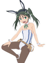 Rule 34 | 1girl, animal ears, bag, belt, black pantyhose, breasts, detached collar, fake animal ears, fang, francesca lucchini, green eyes, green hair, green ribbon, leotard, long hair, looking at viewer, nanashino, pantyhose, playboy bunny, rabbit ears, ribbon, sitting, small breasts, solo, strapless, strapless leotard, strike witches, twintails, white leotard, world witches series, wrist cuffs