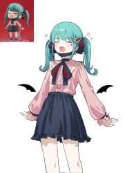 Rule 34 | 1girl, absurdres, alternate costume, alternate hair length, alternate hairstyle, aqua hair, bandaid, bandaid on neck, black wings, blush, bubble, buttons, closed eyes, demon wings, detached wings, ear piercing, facial mark, feet out of frame, frilled shirt, frilled skirt, frills, grey ribbon, grey skirt, hair ornament, hair ribbon, hatsune miku, heart, heart facial mark, heart hair ornament, heart in mouth, highres, hya ro, long hair, long sleeves, mask, mini wings, miniskirt, mouth mask, neck ribbon, open mouth, piercing, pink shirt, reference inset, ribbon, shirt, sidelocks, simple background, skirt, solo, standing, twintails, vampire (vocaloid), vocaloid, white background, wings