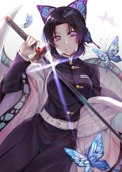 Rule 34 | 1girl, absurdres, backlighting, belt, belt buckle, black hair, black jacket, blue butterfly, breasts, buckle, bug, butterfly, butterfly hair ornament, buttons, commentary, cowboy shot, glint, grin, gu li, hair ornament, hand up, haori, highres, holding, holding sword, holding weapon, insect, jacket, japanese clothes, katana, kimetsu no yaiba, kochou shinobu, large breasts, light particles, long sleeves, looking at viewer, parted bangs, purple eyes, purple hair, revision, short hair, simple background, smile, solo, sword, weapon, white background