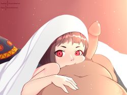 Rule 34 | 1boy, 1girl, artist name, bed, bed sheet, brown hair, cheek press, erection, eyelashes, faceless, faceless male, fiera, hand on another&#039;s chest, hat, unworn hat, unworn headwear, hetero, highres, imminent fellatio, kono subarashii sekai ni shukufuku wo!, large penis, lips, looking at viewer, megumin, morning, nose, nude, pectorals, penis, penis on face, pixiv username, pov, precum, red background, red eyes, shiny skin, short hair, short hair with long locks, signature, twitter username, uncensored, under covers