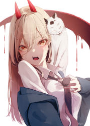 Rule 34 | 1girl, animal, black jacket, black necktie, breasts, brown eyes, cat, chainsaw man, collared shirt, commentary request, fangs, from side, hair between eyes, hand up, highres, horns, jacket, light brown hair, long hair, long sleeves, looking at viewer, looking to the side, mayogii, medium breasts, necktie, off shoulder, open clothes, open jacket, open mouth, power (chainsaw man), puffy long sleeves, puffy sleeves, sharp teeth, shirt, signature, simple background, sleeves past wrists, solo, teeth, upper body, v-shaped eyebrows, white background, white shirt
