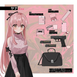 Rule 34 | 1girl, absurdres, aran sweater, bag, bare shoulders, black choker, black ribbon, black skirt, blush, breasts, brown eyes, cable knit, cellphone, chihuri, choker, closed mouth, clothing cutout, gun, hair between eyes, hair ribbon, handgun, high-waist skirt, highres, long hair, long sleeves, looking at viewer, medium breasts, original, phone, pink hair, pink sweater, pistol, ponytail, ribbon, shoulder cutout, skirt, solo, sweater, translation request, turtleneck, turtleneck sweater, umbrella, very long hair, wallet, weapon, weapon request, yana (chihuri)