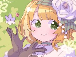 Rule 34 | 1girl, blonde hair, blouse, blunt bangs, blush, brown gloves, buttons, choker, collared shirt, cupping hands, floral background, flower, gloves, green background, green choker, green ribbon, hair flower, hair ornament, hands up, haruna konomi, headband, lily of the valley, looking at viewer, looking to the side, magia record: mahou shoujo madoka magica gaiden, magical girl, mahou shoujo madoka magica, multicolored hair, orange hair, own hands together, paru rari, peony (flower), portrait, ribbon, shirt, short hair, signature, simple background, smile, solo, streaked hair, striped ribbon, swept bangs, twitter username, two-tone hair, white shirt