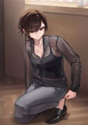 1girl adjusting_footwear black_eyes black_shirt black_shoes black_tank_top breasts brown_hair cleavage collarbone collared_shirt commentary_request grey_pants highres indoors large_breasts looking_at_viewer original pants parted_lips sabotensuteeki see-through_clothes see-through_shirt shirt short_hair solo squatting tank_top