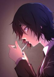 Rule 34 | 1girl, black hair, black necktie, black suit, blue eyes, chainsaw man, cigarette, commentary request, eyepatch, formal, from side, highres, himeno (chainsaw man), holding, holding lighter, lighter, medium hair, necktie, portrait, rinneko art, smoking, solo, spanish commentary, suit