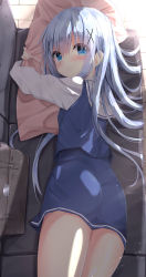 Rule 34 | 1girl, bag, blue eyes, blue hair, blue vest, blush, breasts, briefcase, cleavage, commentary request, couch, cowboy shot, from above, gochuumon wa usagi desu ka?, hair between eyes, hair ornament, hairclip, highres, hugging object, indoors, kafuu chino, kouda suzu, light blue hair, long hair, long sleeves, looking at viewer, looking back, pillow, pillow hug, rabbit house uniform, sailor collar, school briefcase, shirt, smile, solo, sunlight, thighs, very long hair, vest, white shirt, wooden floor, x hair ornament