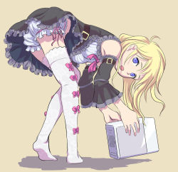 Rule 34 | aoze, bent over, blonde hair, bloomers, blue eyes, bow, detached sleeves, dress, gothic lolita, lolita fashion, long hair, original, solo, thighhighs, underwear, upskirt, white bloomers, white thighhighs, zettai ryouiki