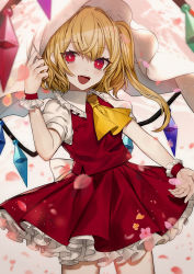 Rule 34 | 1girl, :d, absurdres, alternate headwear, ascot, blonde hair, cherry blossoms, commentary request, cowboy shot, crystal, daimaou ruaeru, eyelashes, fangs, flandre scarlet, frilled shirt collar, frills, gradient background, grey background, hair between eyes, hand up, highres, long hair, looking at viewer, one side up, open mouth, petals, petticoat, puffy short sleeves, puffy sleeves, red eyes, red skirt, red vest, shirt, short sleeves, skirt, skirt set, smile, solo, standing, touhou, veil, vest, white background, white shirt, wings, wrist cuffs, yellow ascot