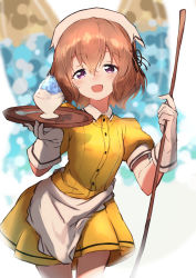 Rule 34 | 1girl, :d, absurdres, apron, black ribbon, blend s, blurry, blurry background, blush, bob cut, brown hair, commentary, food, gloves, hair between eyes, hair ribbon, hair strand, head scarf, highres, hoshikawa mafuyu, kootee-on, looking at viewer, open mouth, plate, purple eyes, ribbon, serving, shaved ice, short hair, smile, solo, spoon, stile uniform, tray, waist apron, waitress, walking, wavy hair, white gloves