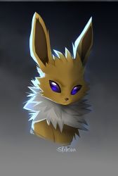 Rule 34 | :&lt;, absurdres, animal focus, artist name, blank eyes, closed mouth, creatures (company), fur collar, game freak, gen 1 pokemon, gradient background, grey background, highres, jolteon, looking at viewer, nintendo, no humans, pokemon, pokemon (creature), purple eyes, signature, simple background, skeleion, sketch, solo, upper body