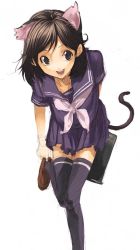 Rule 34 | 1girl, adjusting clothes, adjusting shoe, animal ears, brown eyes, brown hair, cat ears, cat tail, open mouth, pako (pakosun), school uniform, solo, tail