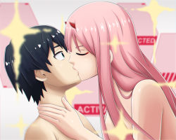 Rule 34 | 10s, 1boy, 1girl, black hair, blue eyes, breasts, couple, darling in the franxx, closed eyes, face-to-face, fringe trim, hand on another&#039;s neck, hetero, highres, hiro (darling in the franxx), horns, kiss, large breasts, long hair, looking at another, no bra, oni horns, pink hair, red horns, topless male, short hair, spade wish, zero two (darling in the franxx)