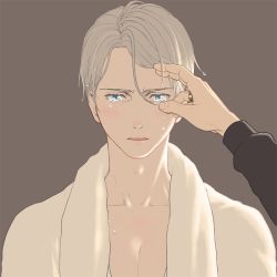 Rule 34 | 2boys, blue eyes, brown background, hand on another&#039;s face, jewelry, katsuki yuuri, male focus, multiple boys, open mouth, ring, silver hair, solo focus, tears, towel, towel around neck, upper body, viktor nikiforov, yuri!!! on ice, yuuhei