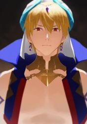 Rule 34 | 1boy, arabian clothes, blonde hair, collar, earrings, expressionless, fate/grand order, fate (series), gilgamesh, gilgamesh (caster) (fate), gilgamesh (fate), high collar, highres, jewelry, mosako, red eyes, slit pupils, solo, turban, upper body, vest