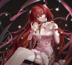 Rule 34 | absurdres, alternate costume, arknights, choker, cuffs, dress, handcuffs, heart, highres, horns, jewelry, lofter username, long hair, looking at viewer, necklace, nininisama, pink dress, purple eyes, red hair, smile, solo, surtr (arknights), thigh strap
