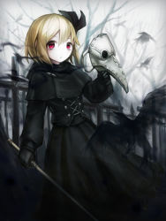 Rule 34 | 1girl, bird, blonde hair, capelet, corset, cross, cross-laced clothes, crow, darkness, dress, expressionless, gloves, hair ribbon, highres, plague doctor, plague doctor mask, red eyes, ribbon, rumia, short hair, spark621, stick, touhou