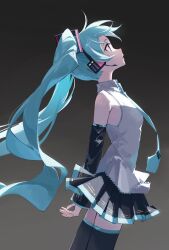 Rule 34 | 1girl, aqua eyes, aqua hair, aqua necktie, black footwear, black skirt, black sleeves, boots, closed mouth, collared shirt, commentary, detached sleeves, facing to the side, gradient background, grey shirt, hair ornament, hatsune miku, headphones, headset, highres, long hair, miku day, necktie, pleated skirt, rakugaki ningen, shirt, simple background, skirt, sleeveless, sleeveless shirt, solo, standing, symbol-only commentary, thigh boots, tie clip, twintails, very long hair, very long sleeves, vocaloid