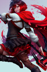 Rule 34 | 1girl, black footwear, cape, highres, holding, holding scythe, holding weapon, long sleeves, looking at viewer, multicolored hair, petals, realistic, red cape, rose petals, ruby rose, rwby, scythe, short hair, smile, stanley lau, thighhighs, torn clothes, torn thighhighs, two-tone hair, weapon