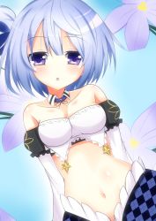 Rule 34 | 1girl, ahoge, bare shoulders, blue hair, blush, breasts, cleavage, flower knight girl, frills, frown, haru blanc0316, highres, ipheion (flower knight girl), looking at viewer, maid, maid headdress, medium breasts, midriff, navel, open mouth, purple eyes, short hair, solo