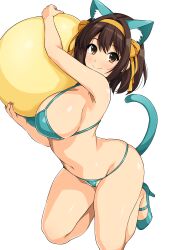 Rule 34 | 1girl, absurdres, animal ears, ball, bare shoulders, bikini, blush, breasts, brown eyes, brown hair, cat ears, cat tail, closed mouth, fake animal ears, fake tail, full body, hair ornament, hairband, haruhisky, high heels, highleg, highres, holding, kneeling, large breasts, long hair, looking at viewer, navel, one eye closed, simple background, smile, solo, stomach, suzumiya haruhi, suzumiya haruhi no yuuutsu, swimsuit, tail, thighs, white background