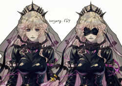 1girl artist_name black_blindfold black_shirt black_veil blindfold blonde_hair blue_eyes earrings grey_eyes jewelry long_hair looking_at_viewer macross macross_frontier parted_lips ryu_(masu_nantoka-san) shirt simple_background single_earring straight-on upper_body variations veil very_long_hair white_background yami_sheryl