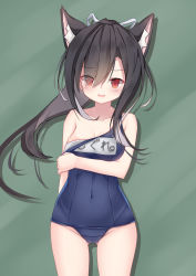 Rule 34 | 1girl, animal ear fluff, animal ears, areola slip, azur lane, bad id, bad pixiv id, black hair, blue one-piece swimsuit, blush, breasts, character name, cleavage, clothes pull, collarbone, commentary request, cowboy shot, dog ears, embarrassed, eyes visible through hair, fang, hair between eyes, highres, looking at viewer, medium breasts, navel, one-piece swimsuit, open mouth, red eyes, school swimsuit, shigure (azur lane), simple background, skin fang, solo, standing, swimsuit, wolf ears