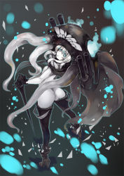 Rule 34 | 10s, 1girl, abyssal ship, aqua eyes, ass, bad id, bad pixiv id, black gloves, black thighhighs, bodysuit, boots, cane, cannon, cape, flat chest, gloves, glowing, glowing eyes, grey background, hat, high heel boots, high heels, kantai collection, leaning, leaning back, long hair, looking at viewer, looking back, pale skin, short hair, solo, teeth, thighhighs, turret, weapon, white hair, wo-class aircraft carrier, zutta