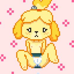 Rule 34 | 1girl, animal crossing, animal ears, animal nose, arms at sides, barefoot, blonde hair, blush, body fur, cameltoe, dog ears, dog girl, female focus, flat chest, full body, furry, furry female, green skirt, hair bobbles, hair ornament, hair tie, isabelle (animal crossing), lewlem, light blush, nintendo, nipples, panties, parted bangs, pink background, pixel art, short hair, sitting, skirt, solo, spread legs, topknot, topless, two-tone fur, underwear, white panties, yellow fur