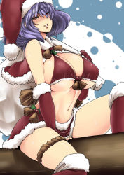 Rule 34 | 1girl, alternate costume, breasts, fingerless gloves, gloves, hat, highres, large breasts, looking at viewer, navel, parted lips, purple hair, red eyes, red gloves, red thighhighs, rope, sack, santa hat, shimenawa, shiny skin, short hair, skindentation, smile, solo, thighhighs, tobisawa, touhou, underboob, yasaka kanako