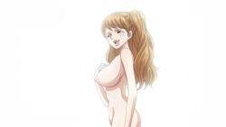 Rule 34 | 1girl, arms at sides, ass, blush, brown hair, charlotte pudding, exhibitionism, hand on own chest, highres, long hair, looking ahead, looking at viewer, navel, nipples, nude, nude filter, one piece, outdoors, public indecency, screencap, standing, third-party edit, uncensored