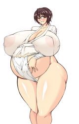 Rule 34 | 10s, 1girl, arm under breasts, blush, breasts, brown eyes, brown hair, cleavage, covered erect nipples, eyebrows hidden by hair, fundoshi, gigantic breasts, idolmaster, idolmaster cinderella girls, japanese clothes, jewelry, large nipples, looking at viewer, nipples, oikawa shizuku, pregnant, renges, ring, sagging breasts, see-through, solo, thick thighs, thighs, wedding band, white background, wide hips