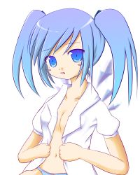 Rule 34 | 1girl, alternate hairstyle, blue hair, cirno, female focus, highres, navel, panties, shirt, solo, tears, touhou, transparent background, twintails, underwear, yamasaki tomoya