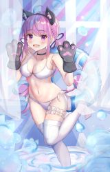 Rule 34 | 1girl, :d, ahoge, animal ears, animal hands, bad anatomy, bare shoulders, bikini, black choker, blue hair, blush, breasts, bridal garter, choker, cleavage, colored inner hair, fake animal ears, gloves, hairband, hands up, highres, hololive, innertube, leg up, long hair, looking at viewer, medium breasts, minato aqua, multicolored hair, navel, no shoes, open mouth, panipo, paw gloves, purple eyes, purple hair, side-tie bikini bottom, skindentation, smile, solo, stomach, swim ring, swimsuit, thighhighs, thighs, twintails, two-tone hair, very long hair, virtual youtuber, wading, white bikini, white thighhighs