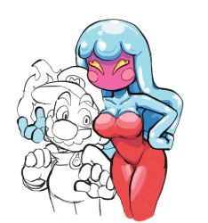 Rule 34 | 1boy, 1girl, ^ ^, bare arms, bare shoulders, big nose, blue skin, blush stickers, breasts, buttons, cleavage, closed eyes, collar tug, collarbone, colored skin, cropped legs, drawfag, dress, ellen (mario), facial hair, fire, hand on own hip, hand up, hat, hip focus, jellyfish, jellyfish sisters, long sleeves, looking at breasts, mario, mario &amp; luigi rpg, mario &amp; luigi: superstar saga, mario &amp; luigi rpg, mario (series), medium breasts, monster, monster girl, mustache, nintendo, no mouth, nose, open hand, overalls, purple skin, pyrokinesis, red dress, shiny skin, shirt, simple background, solid eyes, thick eyebrows, tight clothes, tight dress, unfinished, white background, yellow eyes