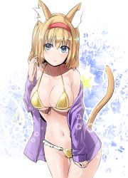 Rule 34 | 1girl, alice margatroid, animal ear fluff, animal ears, bare shoulders, bikini, blonde hair, blue eyes, blush, breasts, cat ears, cat tail, collarbone, commentary request, cowboy shot, front-tie bikini top, front-tie top, hair between eyes, hairband, halterneck, hand up, highres, jacket, kemonomimi mode, large breasts, lens flare, long sleeves, looking at viewer, navel, off shoulder, open clothes, open jacket, purple jacket, red hairband, short hair, solo, standing, stomach, swimsuit, tail, thighs, touhou, white background, y2, yellow bikini