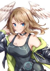 Rule 34 | 1girl, altheavin, black jacket, blue eyes, breasts, brown hair, chest tattoo, choker, cleavage, covered navel, eunie (xenoblade), head wings, highres, jacket, smile, tank top, tattoo, white background, wings, xenoblade chronicles (series), xenoblade chronicles 3