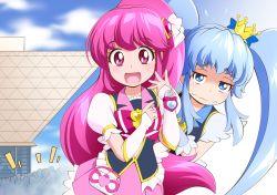 Rule 34 | 2girls, :d, aino megumi, black vest, blue bow, blue eyes, blue hair, bow, brooch, closed mouth, comiket, crown, cure lovely, cure princess, hair ornament, hair ribbon, happinesscharge precure!, happy, heart, heart brooch, heart hair ornament, jewelry, jitome, long hair, looking at viewer, magical girl, mattsua, mini crown, multiple girls, nervous, open mouth, pink bow, pink eyes, pink hair, pink skirt, precure, puffy sleeves, raised eyebrows, ribbon, shirayuki hime, sidelocks, skirt, smile, tokyo big sight, twintails, upper body, vest, wavy mouth, wrist cuffs