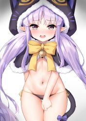Rule 34 | 1girl, animal ears, animal hood, blush, bow, covering crotch, covering privates, dombear, embarrassed, fur trim, gradient background, highres, hood, kyoka (halloween) (princess connect!), kyoka (princess connect!), long hair, looking at viewer, navel, open mouth, pointy ears, princess connect!, purple hair, solo, twintails, very long hair, yellow eyes