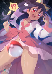 Rule 34 | !?, 1girl, :d, blurry, blush, blush stickers, breasts, commentary request, commission, convenient censoring, creatures (company), eyelashes, game freak, hair rings, iris (pokemon), kitahara tomoe (kitahara koubou), leg up, long hair, long sleeves, nail polish, night, nintendo, no panties, open mouth, outdoors, pixiv commission, poke ball, poke ball (basic), pokemon, pokemon bw2, ponytail, purple hair, red eyes, sandals, shirt, skirt, small breasts, smile, solo, spoken interrobang, tiara, v-neck, white shirt